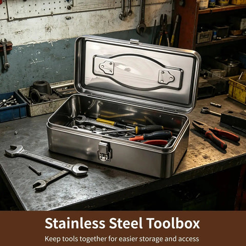 Heavy Duty Stainless Steel Toolbox With Carry Handle, Waterproof And Rustproof Utility Case For Tools, Screws, Parts, Open Displayed