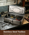 Stainless Steel Toolbox Heavy Duty Portable Storage Box with tools inside on workshop table, open lid, carry handle visible