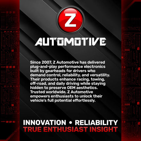 Z Automotive logo and product information highlighting plug-and-play electronics for performance enhancements.