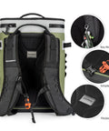 Back view of Leak Proof Insulated Backpack Cooler Holds 36 Cans Soft Side Waterproof Bag in green with padded straps.