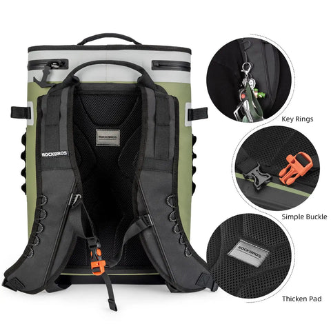 Back view of Leak Proof Insulated Backpack Cooler Holds 36 Cans Soft Side Waterproof Bag in green with padded straps.