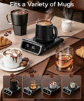 Keep Your Favorite Coffee Popping Hot All Day With Smart Infrared Mug Warmer Set Boasting Pinpoint Temp Tuning Auto Memory Function And Clean Lines Designed For Cozy Desk Sessions Or Snappy Kitchen Routine with various mugs on a warming plate.