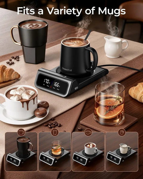 Keep Your Favorite Coffee Popping Hot All Day With Smart Infrared Mug Warmer Set Boasting Pinpoint Temp Tuning Auto Memory Function And Clean Lines Designed For Cozy Desk Sessions Or Snappy Kitchen Routine with various mugs on a warming plate.