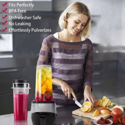 Woman using Replacement 16 Oz Blender Cup Set With Six Fin Blade Assembly for smoothies with fruits in kitchen.