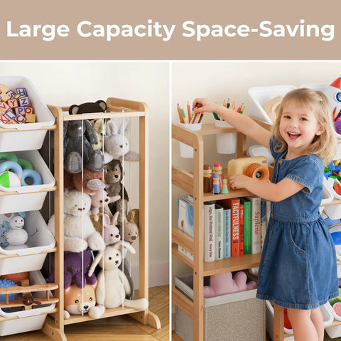 Ultimate Toy Storage Organizer with Bookshelf and 12 Removable Bins shown with toys and books, white color, kid-friendly design.