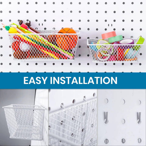 Pegboard Wire Basket Set For Hanging Wall Organization, 3 Size Bins For Pegboards And Slatwalls, White Multi Pack installation view