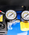 10 Gallon Oil Free Portable Vertical Electric Air Compressor control panel showing pressure gauges and switch for operation.