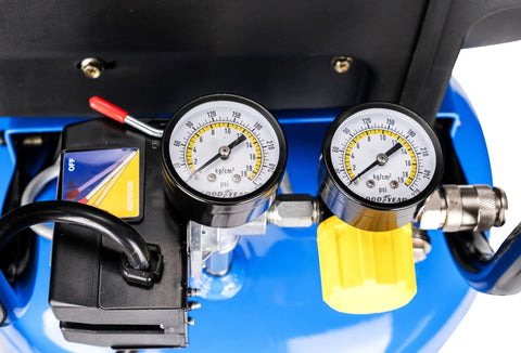 10 Gallon Oil Free Portable Vertical Electric Air Compressor control panel showing pressure gauges and switch for operation.