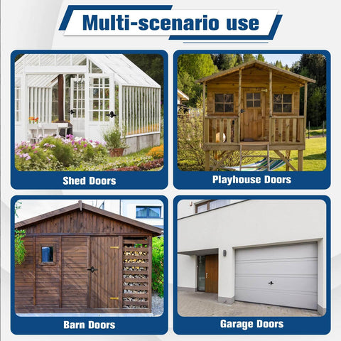 Image showcasing scenarios for 4 And A Half Inch Shed Door Latch Kit With T Handle Lock Built For Locking Up Tight, Carbon Steel Barn Door Hardware With 2 Keys