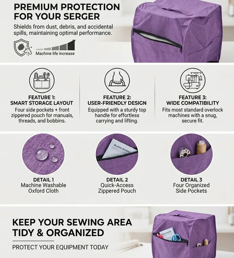 Serger Dust Cover For Overlock Machine 31x28x31cm Universal Fit Oxford Cloth Washable With pockets and handle overview