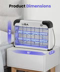 Indoor Bug Zapper With 2800V Grid, Heavy Duty Bug Buster for Flies and Mosquitoes placed on a bedside table with dimensions shown.