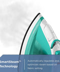 Close-up of teal Light N Easy Compact Steam Iron with SmartSteam Technology, emitting steam, showing anti drip system.