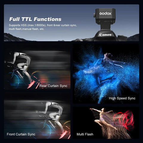 X3C TTL Wireless Flash Trigger For Canon with OLED touchscreen showing Full TTL Functions like rear/front curtain sync.