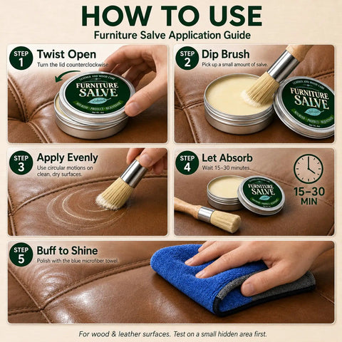 How to apply Heavy Duty Furniture Salve For Wood And Leather Polish Conditioner, step-by-step guide on leather surface.