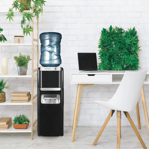 No Fuss Three In One Hot And Cold Water Cooler Dispenser Featuring Built In Bullet Ice Maker And Simple Top Load Five Gallon Bottle Compact Black Finish in office setting.