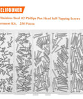 Number 2 To 3/4 Inch Stainless Steel Wood Screws Set 304 Stainless Phillips Pan Head Self Tapping 250 Pieces Assortment Kit