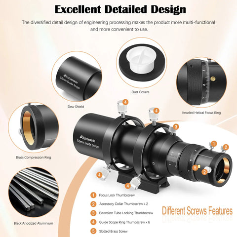 Compact 50mm Guide Scope Kit with Fully Multi-Coated Optics features detailed design including brass compression rings and helical focuser.
