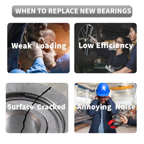 Visual checklist for replacing bearings showing weak loading, low efficiency, surface cracks, and annoying noise.