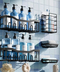 5-Piece Rustproof Stainless Steel Shower Caddy Set No Drill Adhesive Bathroom Organizer mounted on blue tile wall