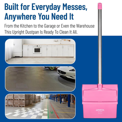 Straight Up Heavy Duty Standing Floor Dustpan With Thirty Inch Aluminum Handle And Serrated Comb Edge For Total No Sweat Commercial Cleanup And Daily Facility Sweeping Pink positioned in a kitchen, garage, and warehouse.