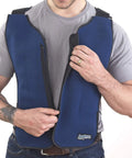 Person wearing Personal Series Ice Vest For Hot Weather Cooling, Lightweight Three Point Nine Pound Vest With Zipper Closure.