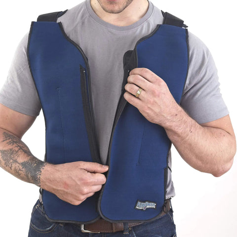 Person wearing Personal Series Ice Vest For Hot Weather Cooling, Lightweight Three Point Nine Pound Vest With Zipper Closure.