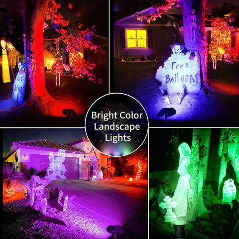 Bright color landscape lights illuminating trees and Halloween decorations for Solar Spotlights Outdoor 600LM Set Of 2 Waterproof Landscape Lights For Yard Pathway Driveway Pool Garden Wall Decor In Ground Stakes Cool White That Really Lights Up.