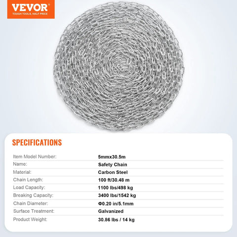 VEVOR safety chain, galvanized carbon steel, 5 mm diameter, 100 ft roll