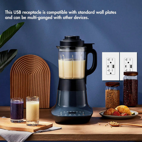 Kitchen scene with blender and Turbo Fast Charge USB C Outlet With 24W Power Delivery And USB A Dual Port Receptacle on wall.