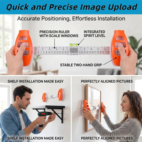 All In One Picture Hanging Tool With Level And Ruler for effortless wall decor alignment, used for shelving and picture hanging.