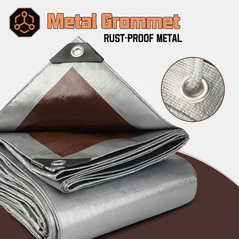 Heavy Duty 8x10 Ft Tarp Waterproof 10 Mil Thick Reversible Silver And Brown Outdoor Cover with rustproof metal grommets