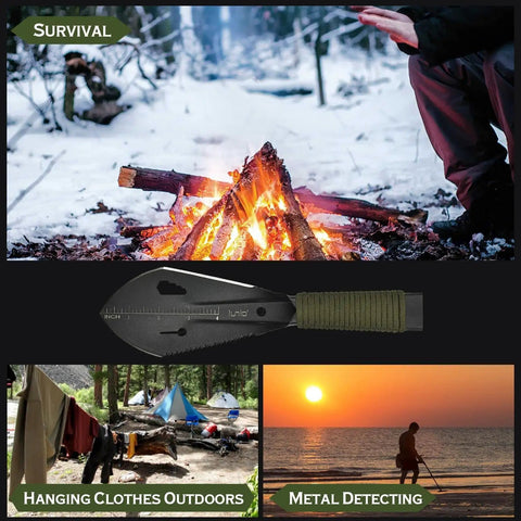Ultralight Camping Trowel Shovel Multitool With Saw And Ruler, Portable Survival Spade for Hiking, features with campfire and tents.