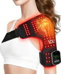 Cordless Red Light Therapy Shoulder Wrap With Vibration Massage And Heated Pad 5000mAh Rechargeable Massager in use on woman