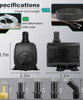 25W Submersible Fountain Pump with 10Ft Cable and Tubing, 400GPH Flow, Overheat Protection, Safe 3 Prong Plug, specifications display
