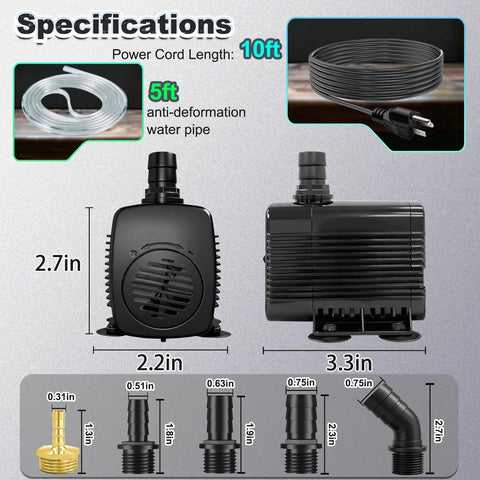 25W Submersible Fountain Pump with 10Ft Cable and Tubing, 400GPH Flow, Overheat Protection, Safe 3 Prong Plug, specifications display