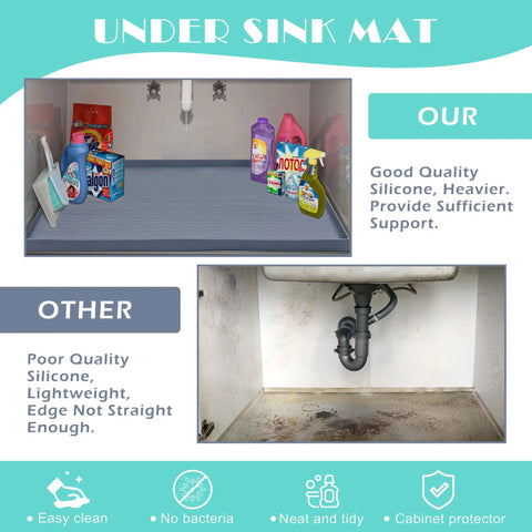 Under Sink Mat Silicone Waterproof 31x22 Inches for Kitchen and Bathroom with household items stored on it, showing cabinet protection.