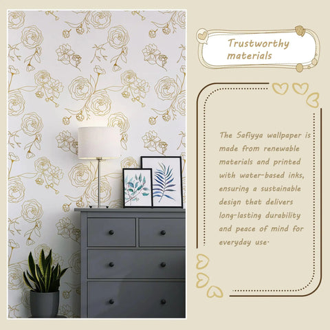 Gold And White Floral Peel And Stick Wallpaper Self Adhesive Removable Covering For Bedroom 393x17.3 Inches Vinyl Roll Easy Install