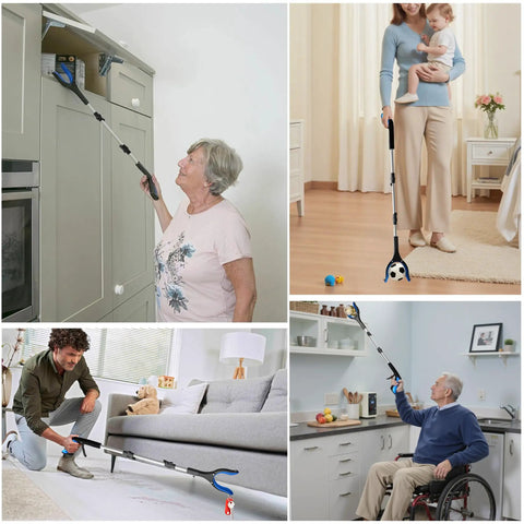 People using Two Pack 36 Inch Grabber Reacher Tool For Seniors Foldable Reachers with rotating jaw and magnet in various scenarios