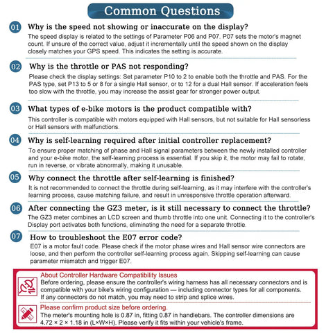 Common questions and troubleshooting for All In One Ebike Controller Kit 24V 36V 48V Compatible 25A 500W.