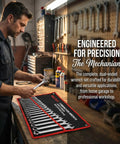 Man working with 25-Piece Double Ended Wrench Set With Canvas Roll Bag In Beefy High Carbon Steel For Auto Repair, Home Maintenance, Garage Jobs, Plumbing And DIY Projects on a workbench.