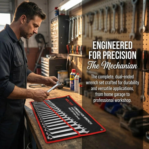 Man working with 25-Piece Double Ended Wrench Set With Canvas Roll Bag In Beefy High Carbon Steel For Auto Repair, Home Maintenance, Garage Jobs, Plumbing And DIY Projects on a workbench.