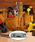 Badass Rock Solid Metal Tape Measure Holder Belt Clip And Pocket Tool Holster With Secure Rivets For Leather Aprons Contractor Pants And Denim Jeans Black, displayed on a tool belt with metal clips.