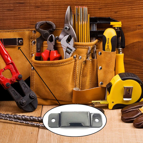 Badass Rock Solid Metal Tape Measure Holder Belt Clip And Pocket Tool Holster With Secure Rivets For Leather Aprons Contractor Pants And Denim Jeans Black, displayed on a tool belt with metal clips.