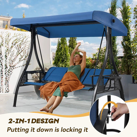 Woman relaxing on Three Seat Patio Swing With Textilene Backrest, Two Cup Holders And An Adjustable Canopy For Backyard, Porch Or Garden, Square Tube Frame In Blue, Breathable Waterproof Fabric For Cool Summer Relaxing Vibes