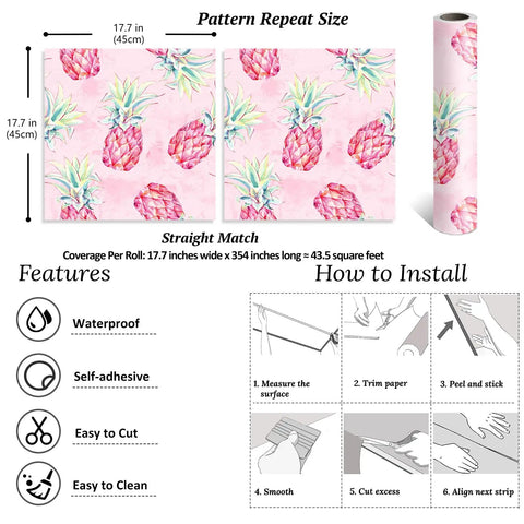 Bold Pink Pineapple Peel And Stick Wallpaper With Watercolor Pineapple Pattern Easy Install Self Adhesive Removable Wall Covering For Cabinets Walls Nurseries Bedrooms And Bathrooms 17.7 Inch Wide By 354 Inch Long Vinyl Roll pattern repeat size and installation steps image.