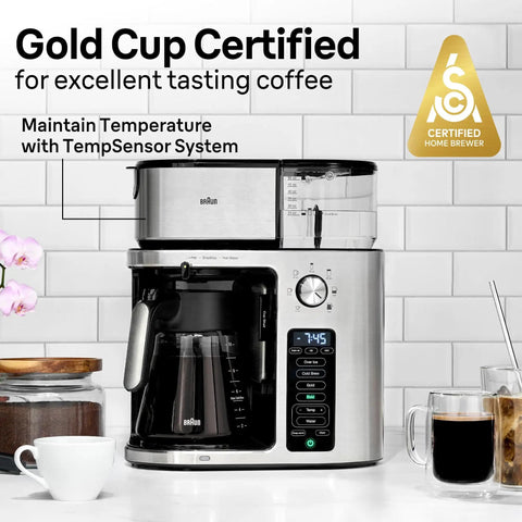 10 Cup Drip Coffee Maker With Hot And Cold Multi Serve Brewer, Timer And Auto Start, Stainless Steel on kitchen counter