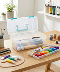 Essentials Lift Out Tray Box For Arts And Crafts Supplies Portable Organizer With Handle And Tray Clear Aqua Finish open on table