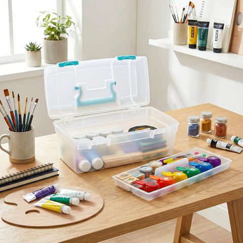 Essentials Lift Out Tray Box For Arts And Crafts Supplies Portable Organizer With Handle And Tray Clear Aqua Finish open on table