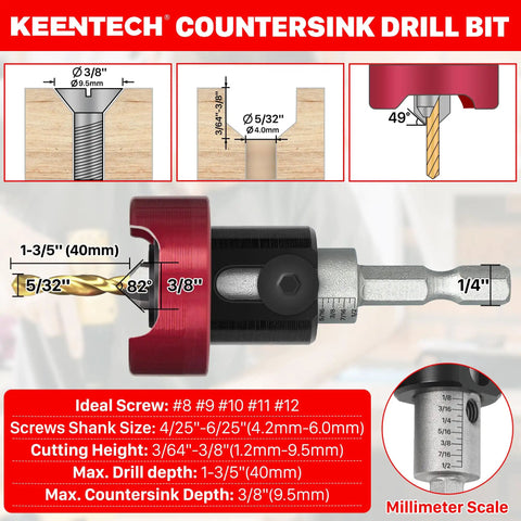 Straight Ahead Heavy Hitter 3/8 Shank Carbide Tipped Countersink Drill Bit with measurements and specifications for ideal screw sizes.