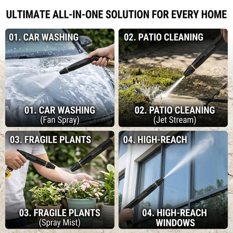 Collage showing Power Washer Hose Nozzle With Adjustable Sprayer Patterns For Home And Auto Wash in various uses like car washing and patio cleaning.